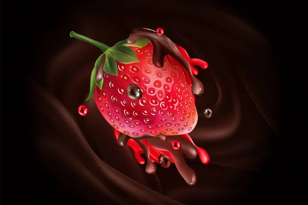 Erdbeere in Spritzern Schokolade und Saft. — Stockvektor