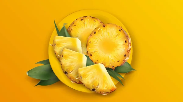Sliced juicy pineapple on a yellow plate. — Stock Vector