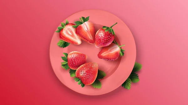 Fraises entières et tranchées sur une assiette rose . — Image vectorielle