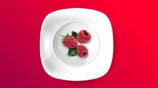 Состав свежей малины на белой тарелке . — стоковый вектор
