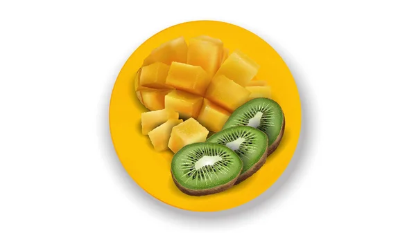 Zusammensetzung von Kiwi-Scheiben und gewürfelter Mango auf einem gelben Teller. — Stockvektor