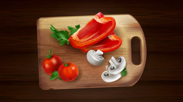 切菜板上的辣椒片、蘑菇和西红柿. — 图库矢量图片