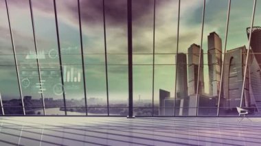 Parlak bir ofisin arka planında bilgi grafikleri.