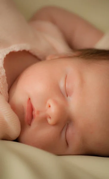 Yeni doğan. Uyuyan kız bebek. İki haftalık. Yakın çekim.