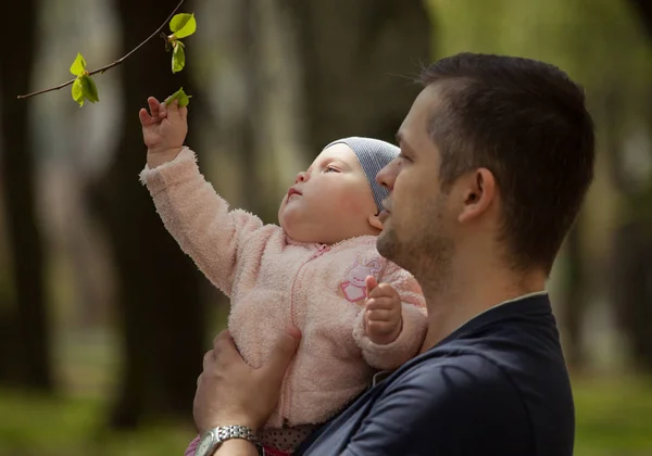 Mutlu bir aile. Baba kızın kollarında tutar. Bahar ağaçlar arka plan.