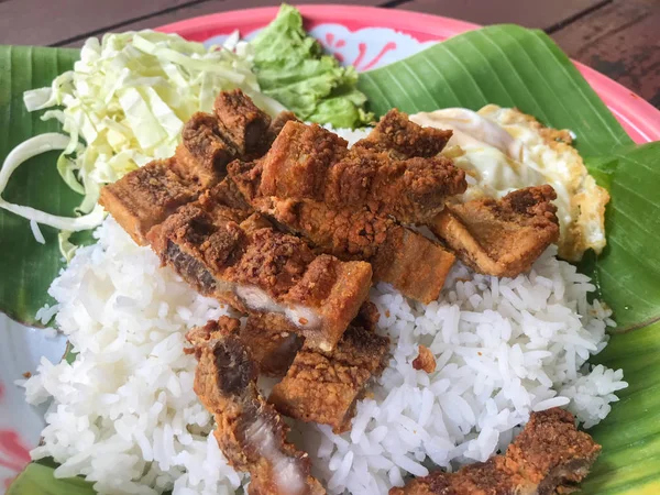 Porc frit sur assiette avec riz blanc, Thaïlande Nourriture — Photo
