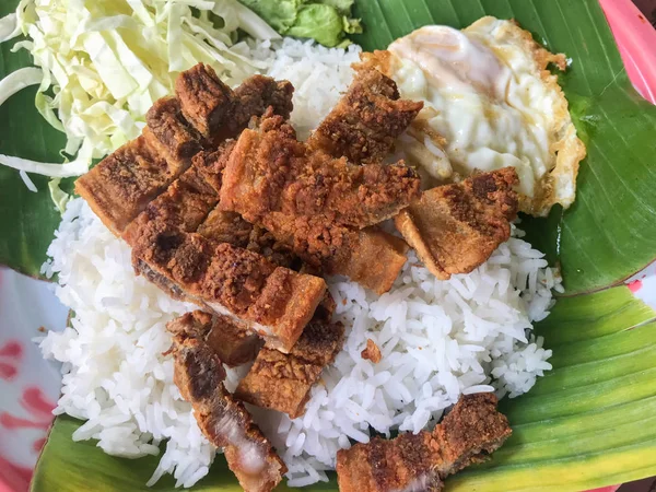 Porc frit sur assiette avec riz blanc, Thaïlande Nourriture — Photo