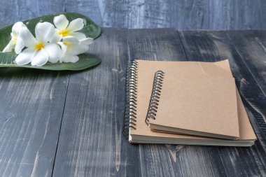 Not defterini ve Plumeria çiçeğini kapat