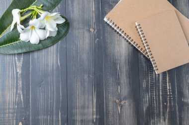 Not defterini ve Plumeria çiçeğini kapat