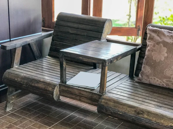 outdoor Wooden table set at cafe in thailand