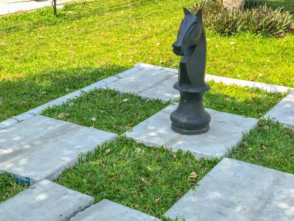 Outdoor big chess and Checkered flag in the garden — 스톡 사진