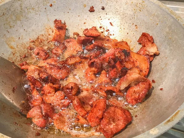 Deep fried pork meat frying on cooking pan — 스톡 사진