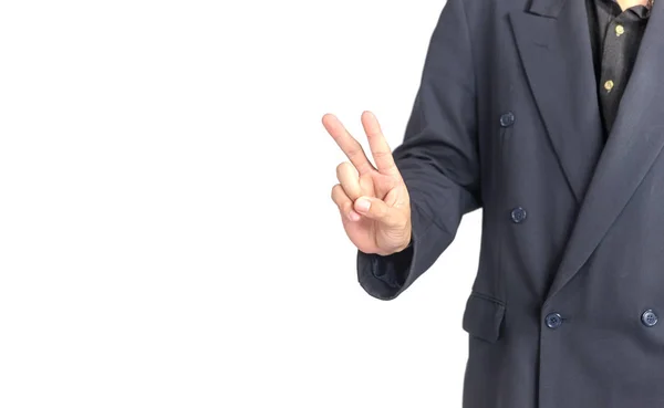 Man met pak hijsen twee vingers omhoog op witte achtergrond — Stockfoto