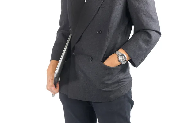 Uomo d'affari con mano in tasca su sfondo bianco — Foto Stock