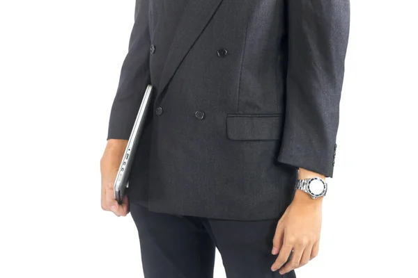 Uomo d'affari con mano in tasca su sfondo bianco — Foto Stock