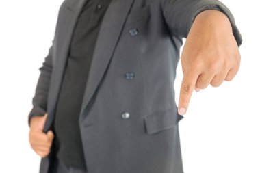 İşadamı beyaz arkaplanı işaret ediyor