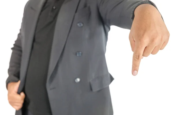 Uomo d'affari punta il dito verso il basso su sfondo bianco — Foto Stock