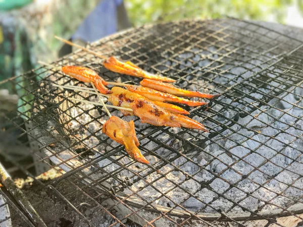 Primer plano de alas de pollo a la parrilla con palo —  Fotos de Stock