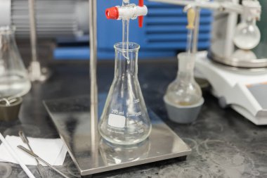 Round bottom flask and Burette clamp in laboratory
