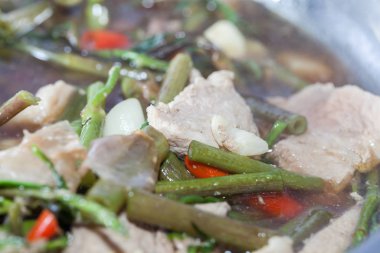 Thai Food Fried Morning Glory with Crispy Pork