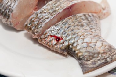 close up Nile tiapia meat, cut in pieces
