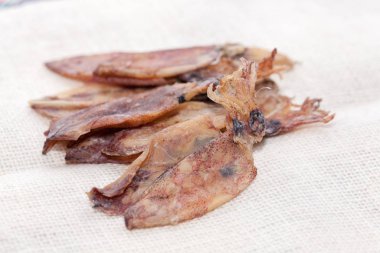 close up of Dried squid on sack