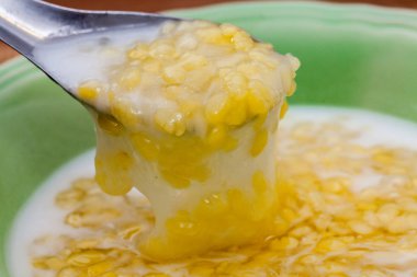 Hindistan cevizi kremalı tatlı Mung fasulyesi lapası.