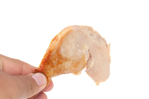Hand holding grilled Drumstick chicken isolated on white backgro — Stock Photo, Image
