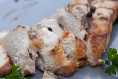 close up of grilled chicken breast on plate