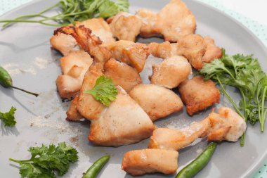 close up of grilled chicken breast on plate