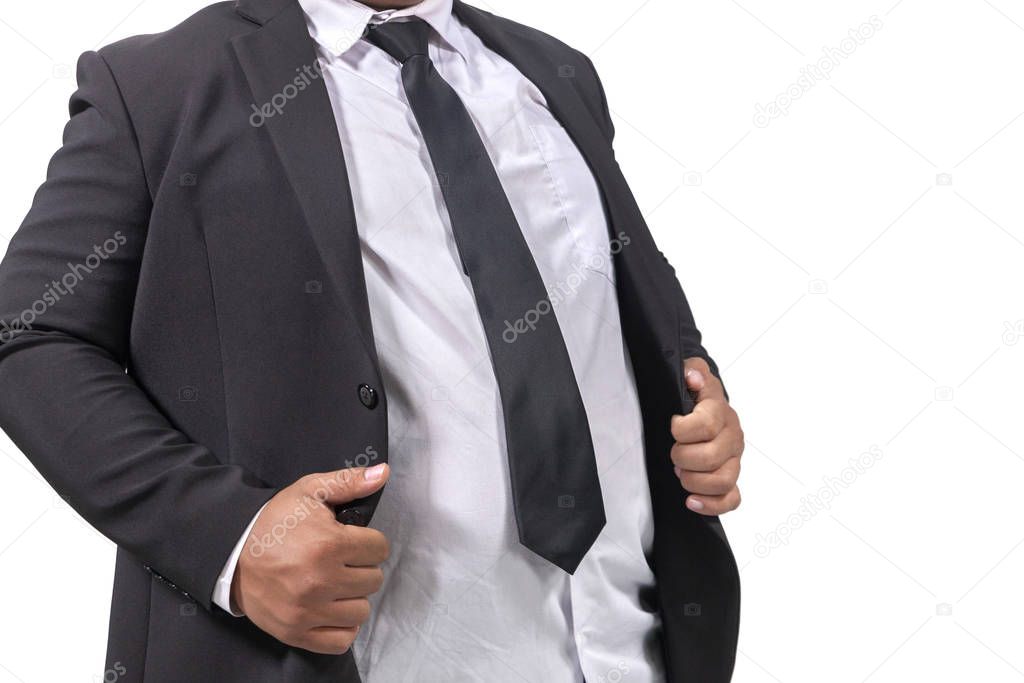 fat businessman in a suit on white background