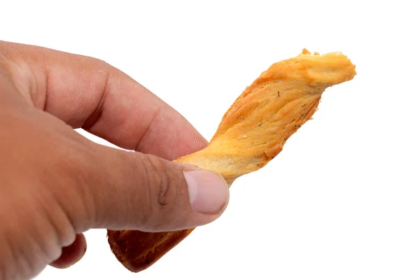Hand holding bread stick isolated on white background — Stock Photo, Image