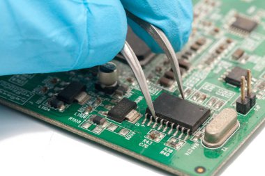 blue glove and Print Circuit Board of graphic card