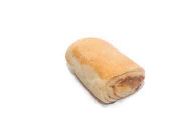 close up of chicken pie isolated on white background