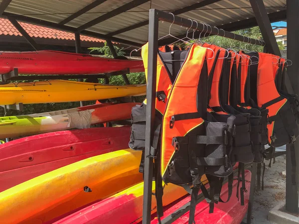Row of life jacket hang in the cabin — 스톡 사진
