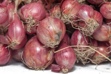 Beyaz arkaplanda kurutulmuş kırmızı soğan demeti