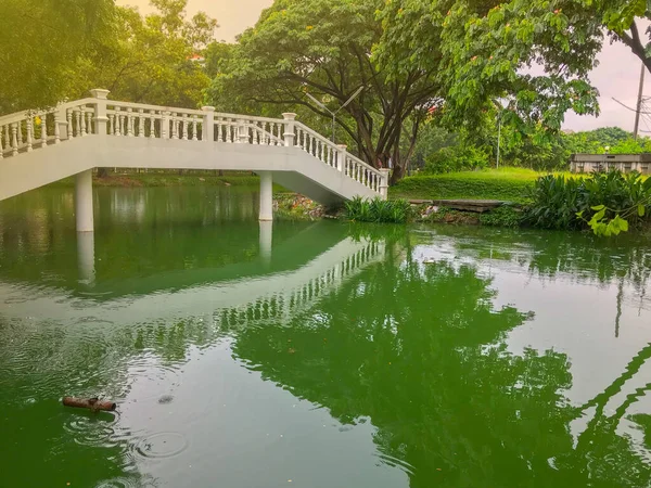 Hermoso puente de hormigón cruzar el estanque — Foto de Stock