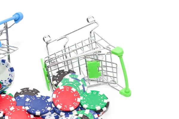 Close up of mini shopping cart with poker chips — Stock Photo, Image