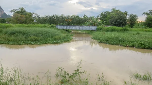 Lagoa com ponte no país local na Tailândia — Fotografia de Stock