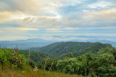Sabahleyin Chiang Mai, Tayland yakınlarındaki popüler bir dağ olan Doi Mon Jong 'da bulut ve sis.