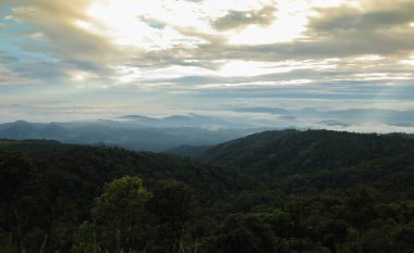 Monjong, Chiang Mai, Tayland 'da dağın tepesinde bulut ve sis var.