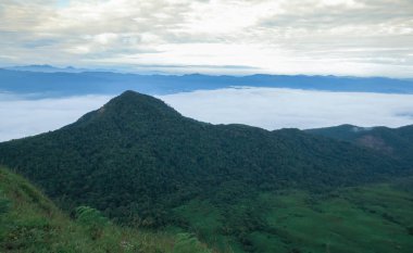 Monjong, Chiang Mai, Tayland 'da dağın tepesinde bulut ve sis var.