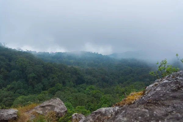 Ψηλό βράχο γκρεμός με βαριά ομίχλη, σύννεφο και ομίχλη σε mon jong doi στο Chaing Mai, Ταϊλάνδη — Φωτογραφία Αρχείου