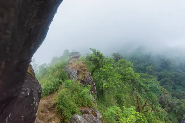 Roca de acantilado alto con niebla pesada, nube y niebla en mon jong doi en Chaing mai, Tailandia —  Fotos de Stock