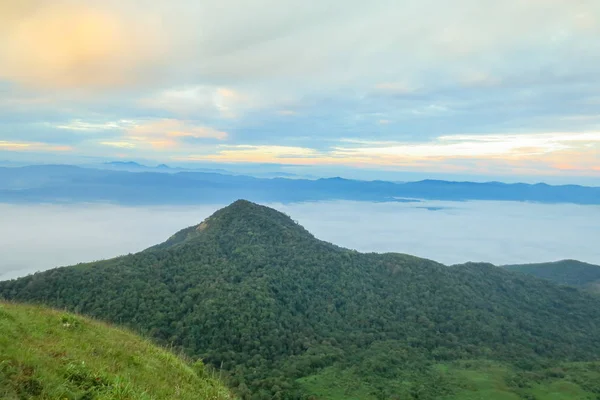 Chmura i mgła rano w Doi Mon Jong, popularnej górze w pobliżu Chiang Mai, Tajlandia — Zdjęcie stockowe