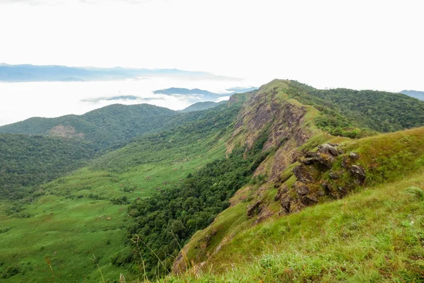 Chmura i mgła rano w Doi Mon Jong, popularnej górze w pobliżu Chiang Mai, Tajlandia — Zdjęcie stockowe