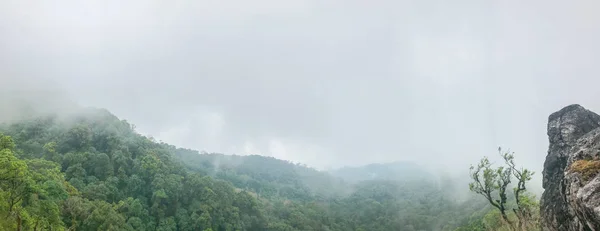 Βαριά ομίχλη και σύννεφο στην κορυφή του βουνού στην Ταϊλάνδη — Φωτογραφία Αρχείου