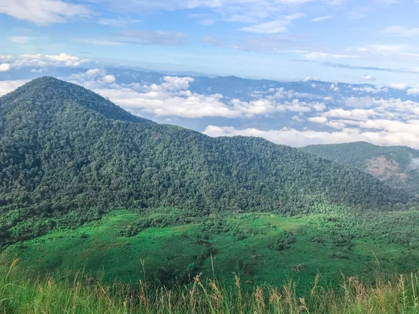Krásný výhled a zelená tráva na vrcholu hory mon jong v Chaing Mai, Thajsko — Stock fotografie