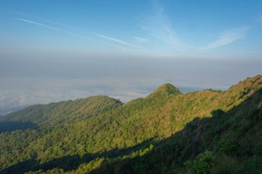 Güzel gökyüzü ve yeşil ağaç Kanchanaburi, Tayland 'da dağın tepesinde.