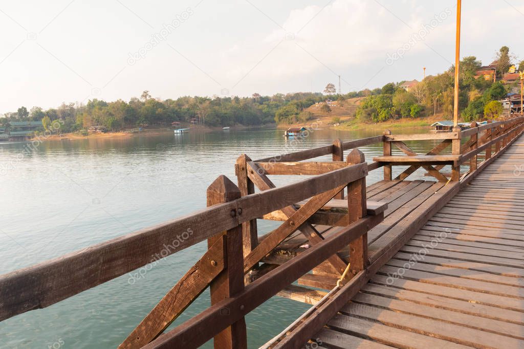 landscape scene Wooden Mon Bridge at kanchanaburi, Thailand